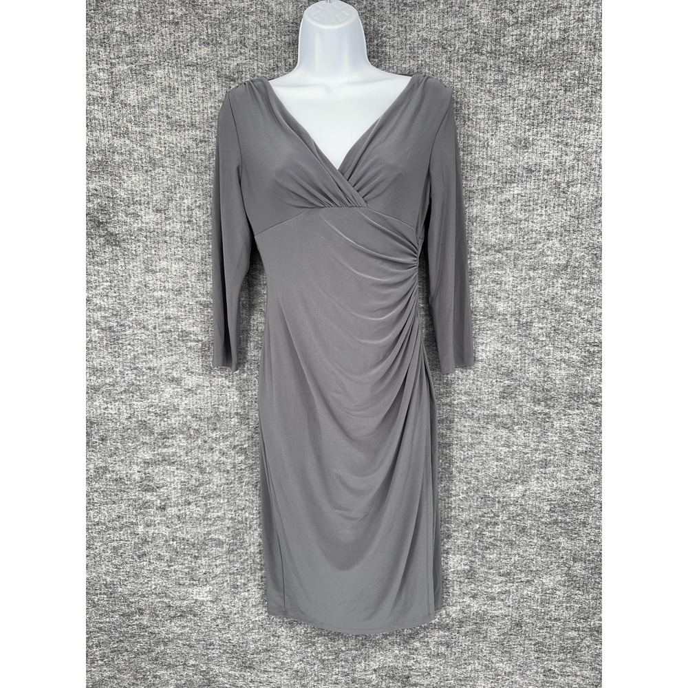 Lauren Ralph Lauren Dress Womens 2 Gray Ruched V Neck‎ 3/4 Sleeve Sheath